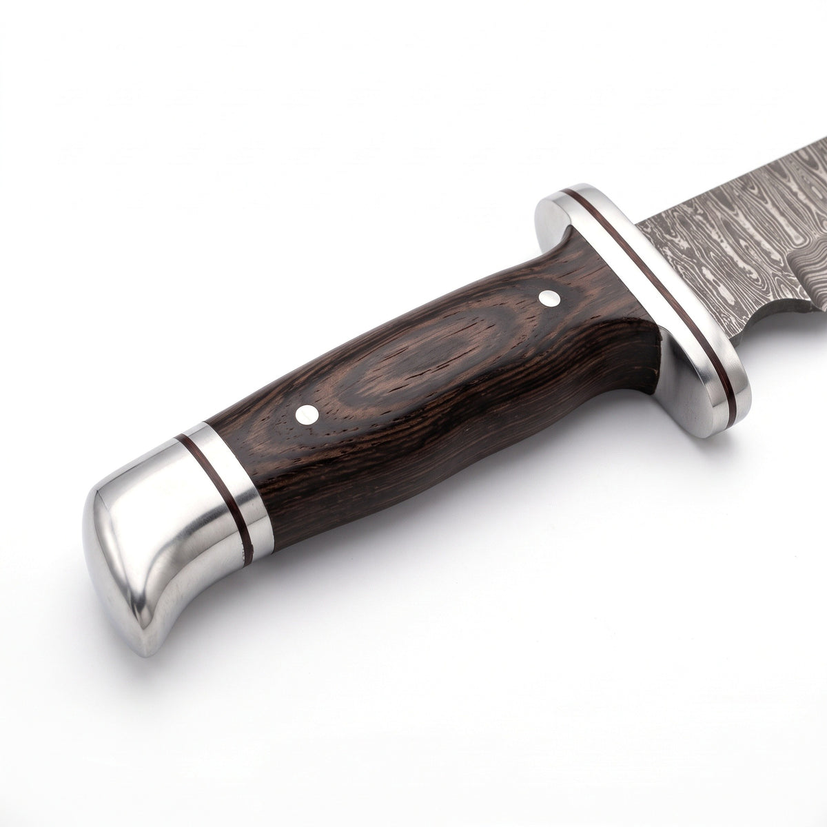 Highline 11" Damascus Bowie Knife | Vengai Wood, handle and fittings close-up