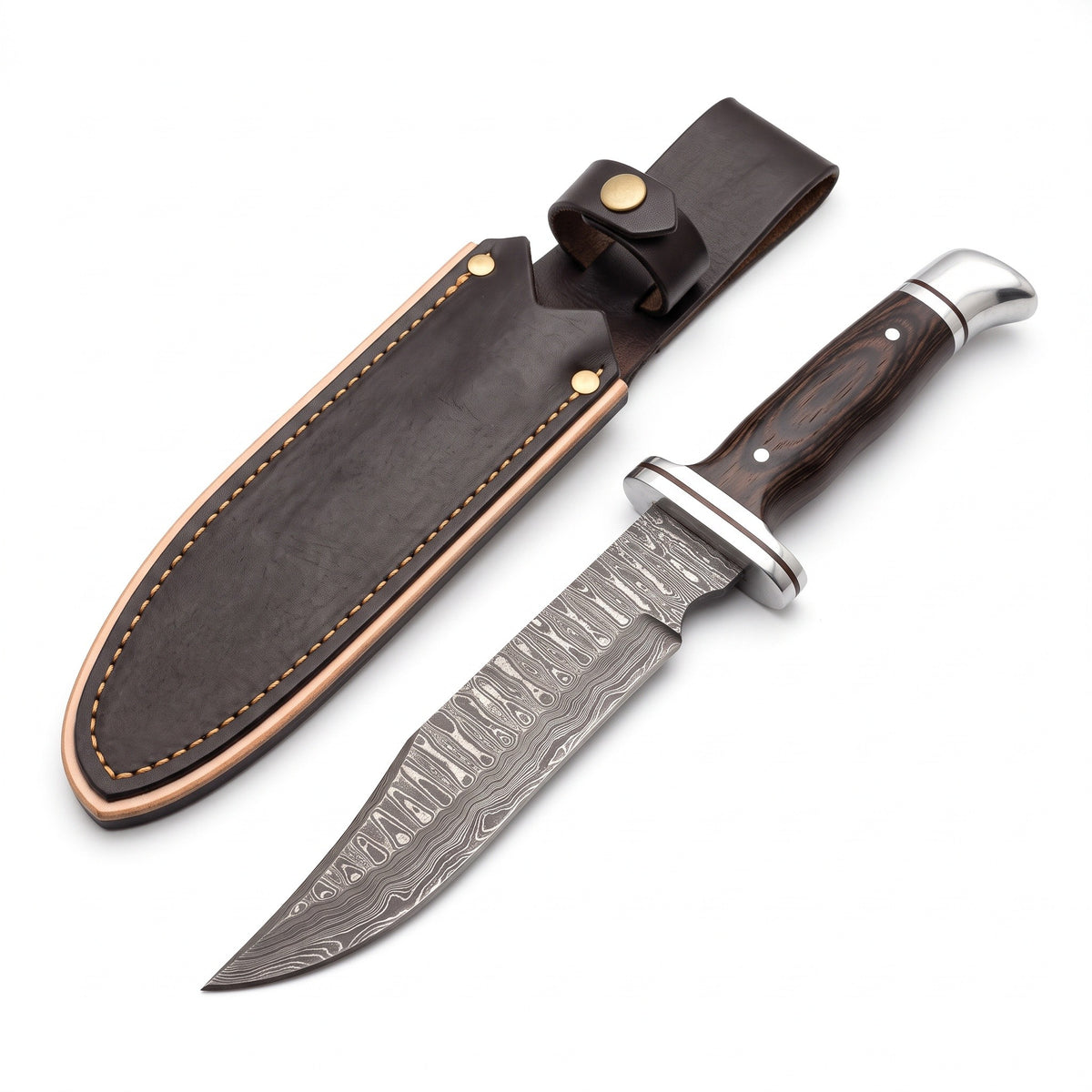 Highline 11" Damascus Bowie Knife | Vengai Wood, three-quarter view with the Crownridge sheath