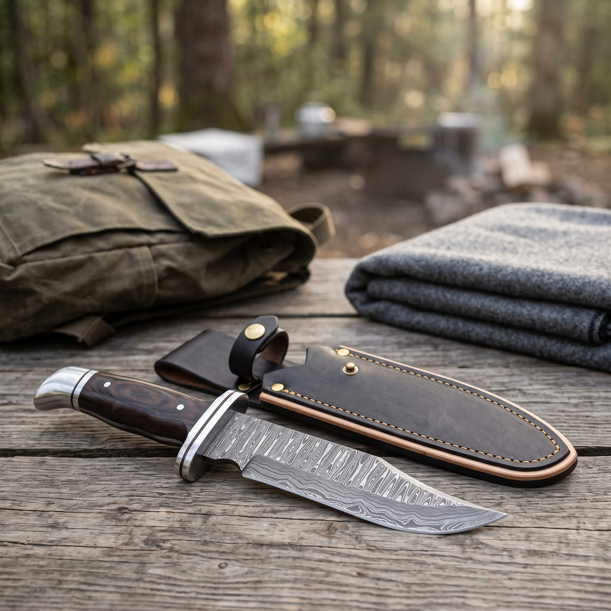 Highline 11" Damascus Bowie Knife | Vengai Wood, with the Crownridge sheath in use