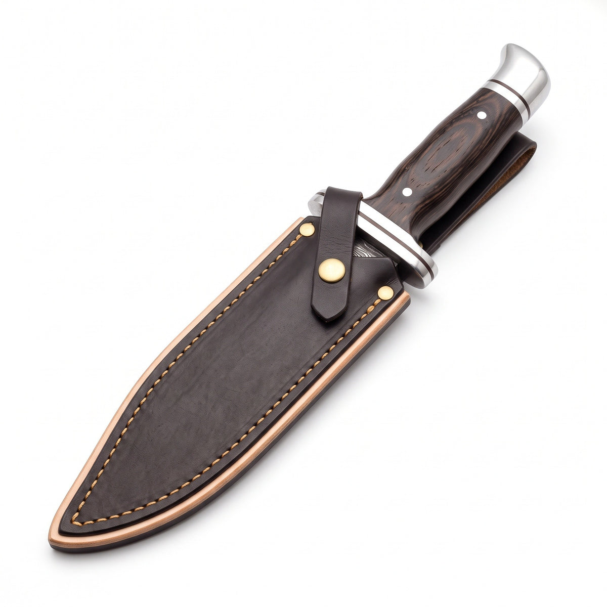Highline 11" Damascus Bowie Knife | Vengai Wood, seated in the Crownridge sheath