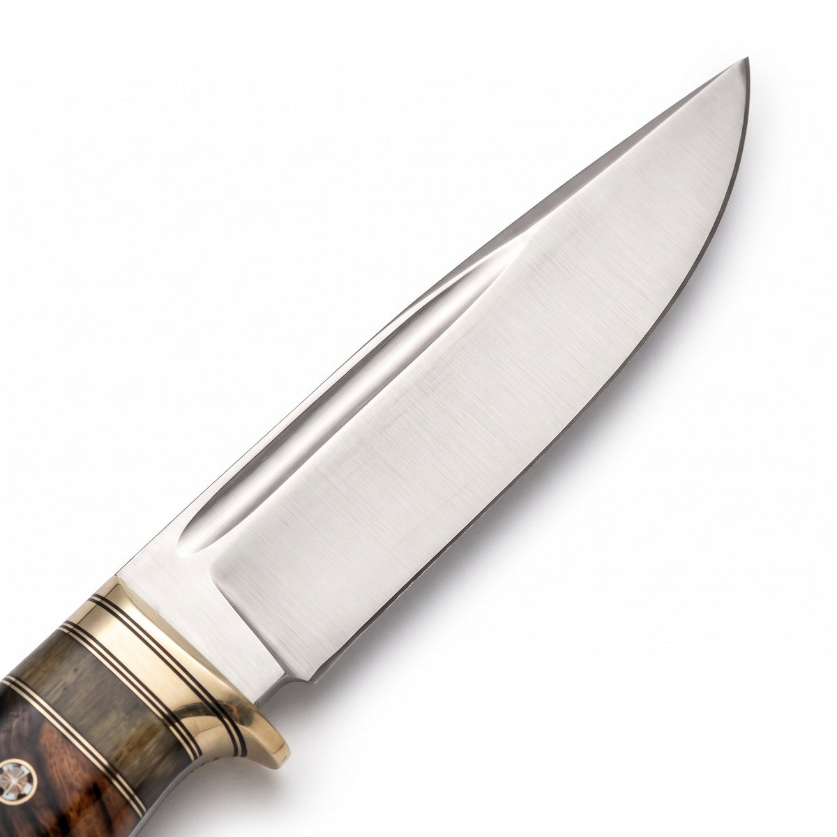 Highline 11" Satin Steel Bowie Knife | Buffalo Horn, satin steel blade close-up