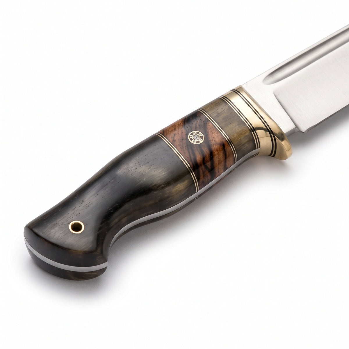 Highline 11" Satin Steel Bowie Knife | Buffalo Horn, handle and fittings close-up