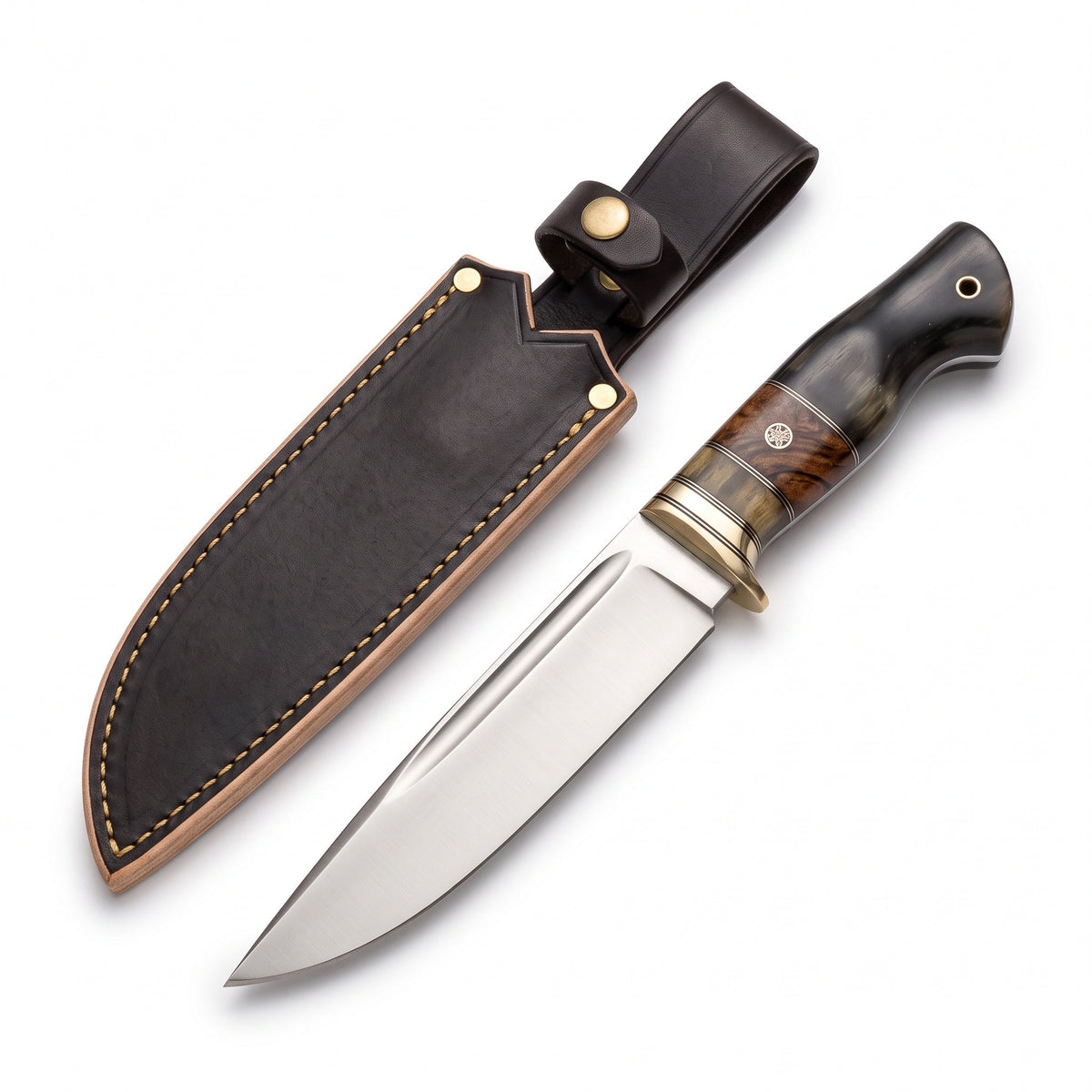 Highline 11" Satin Steel Bowie Knife | Buffalo Horn, three-quarter view with the Crownridge sheath