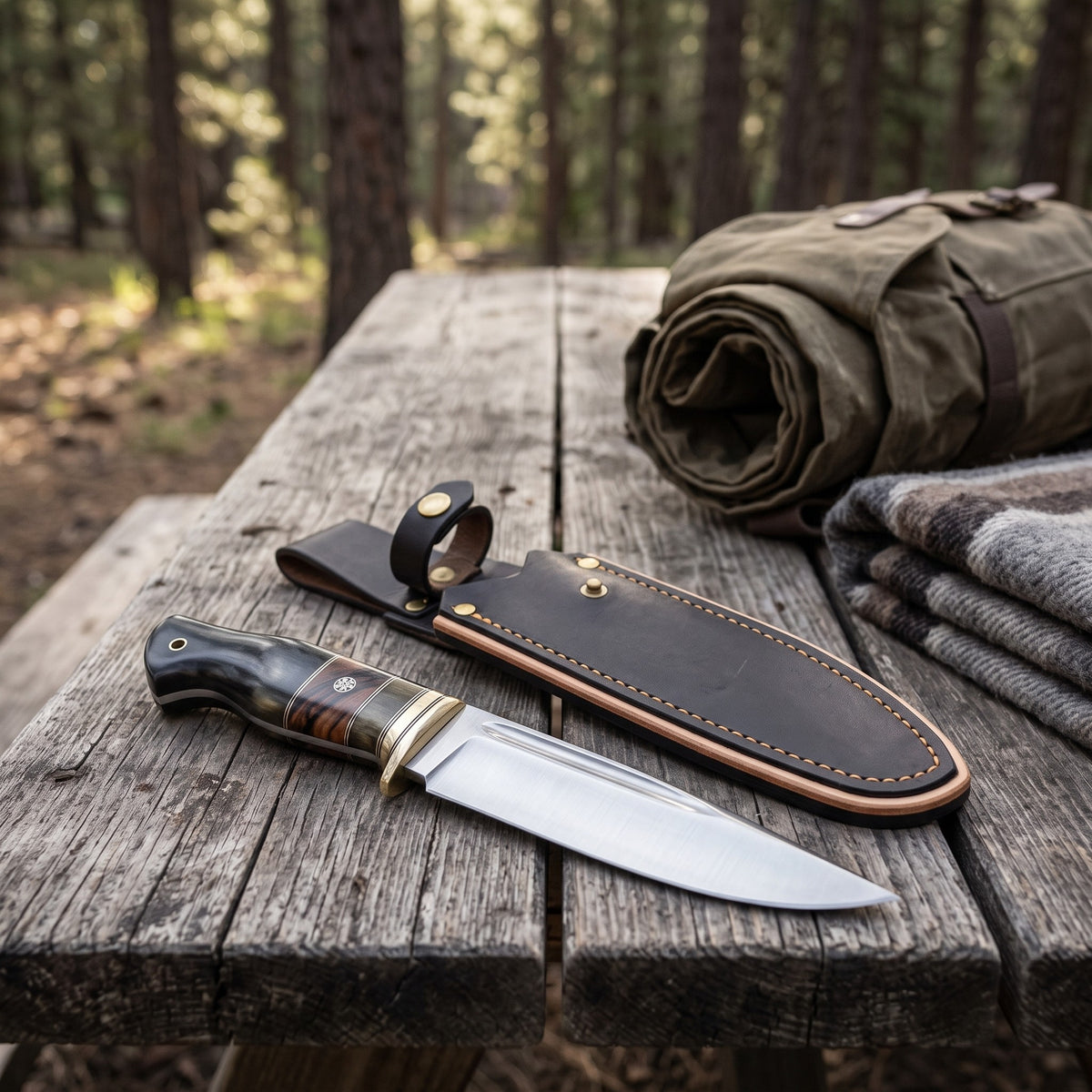 Highline 11" Satin Steel Bowie Knife | Buffalo Horn, with the Crownridge sheath in use