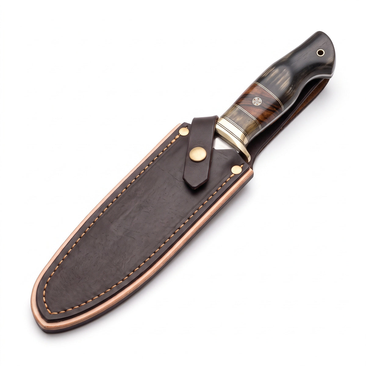 Highline 11" Satin Steel Bowie Knife | Buffalo Horn, seated in the Crownridge sheath