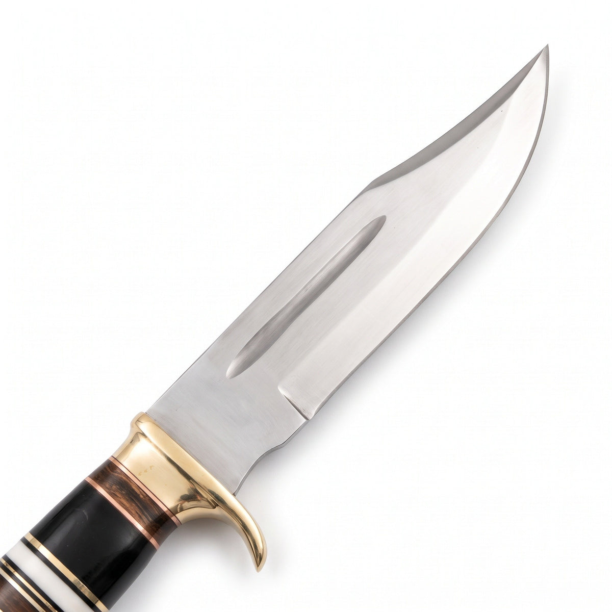 Highline 12" Carbon Steel Bowie Knife | Buffalo Horn & Brass, carbon steel blade close-up