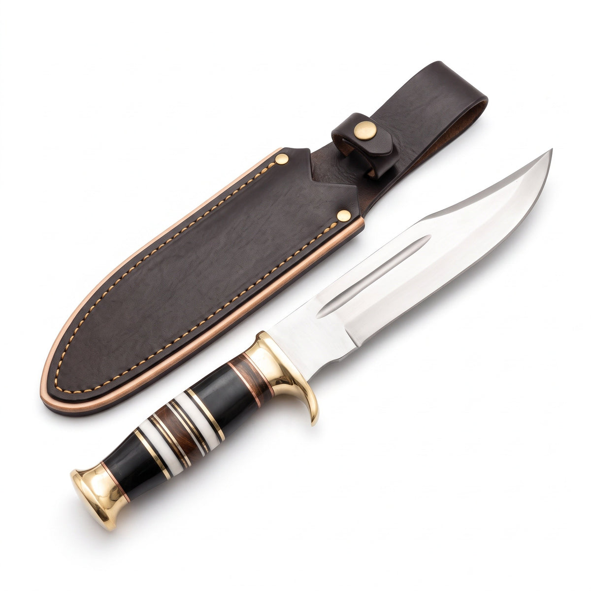 Highline 12" Carbon Steel Bowie Knife | Buffalo Horn & Brass, three-quarter view with the Crownridge sheath
