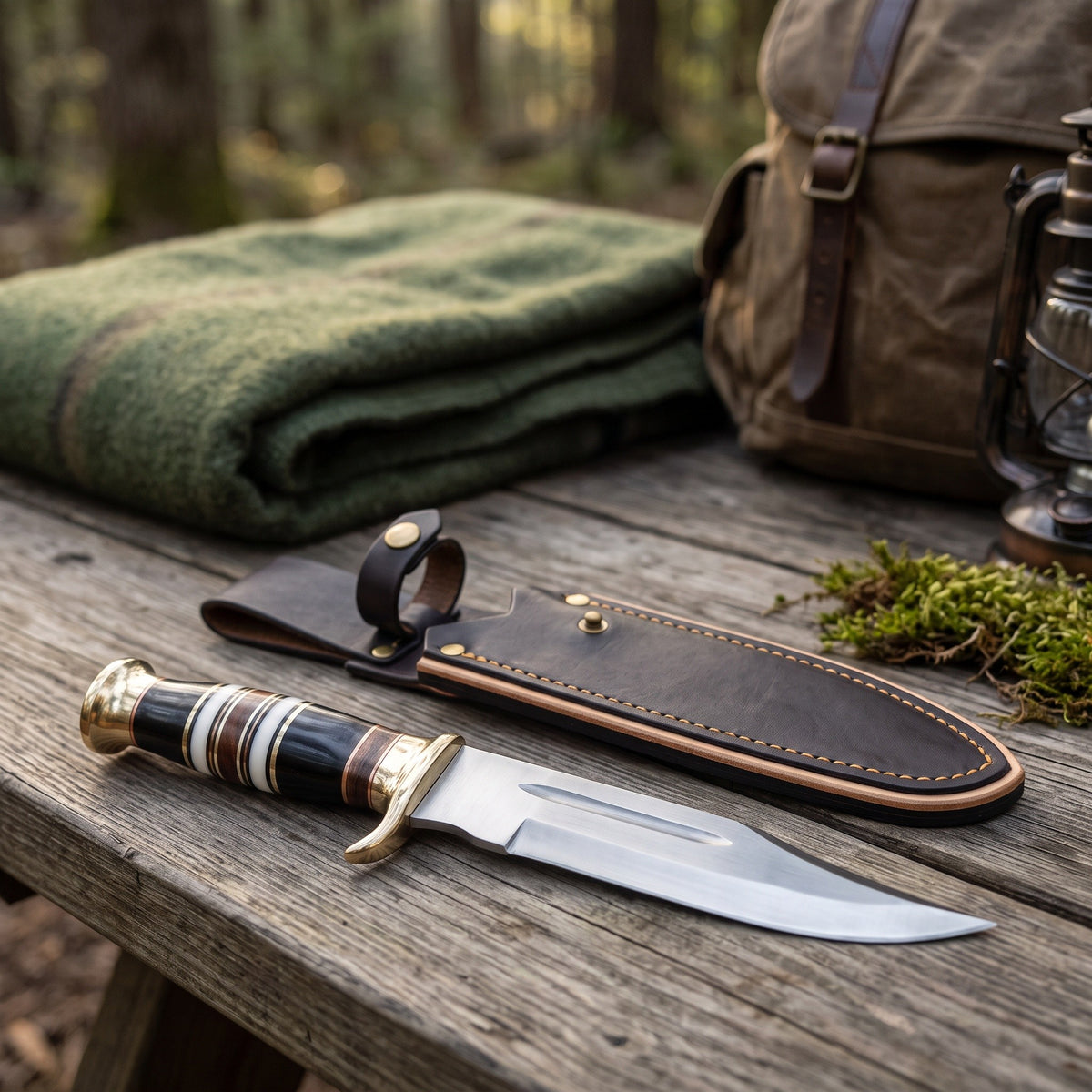 Highline 12" Carbon Steel Bowie Knife | Buffalo Horn & Brass, with the Crownridge sheath in use