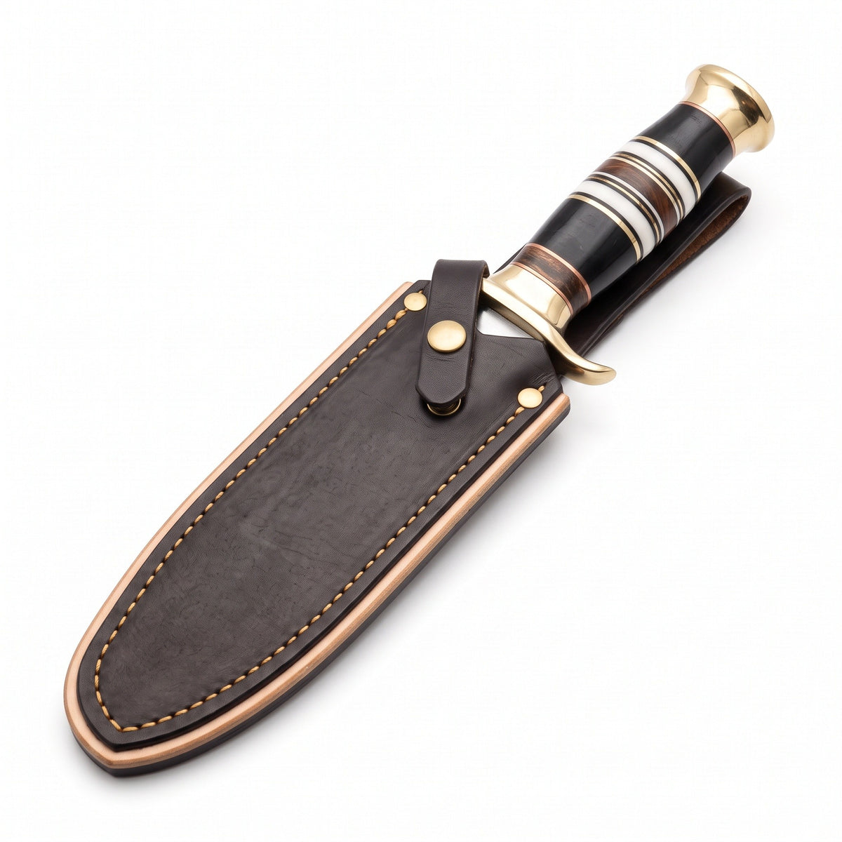 Highline 12" Carbon Steel Bowie Knife | Buffalo Horn & Brass, seated in the Crownridge sheath