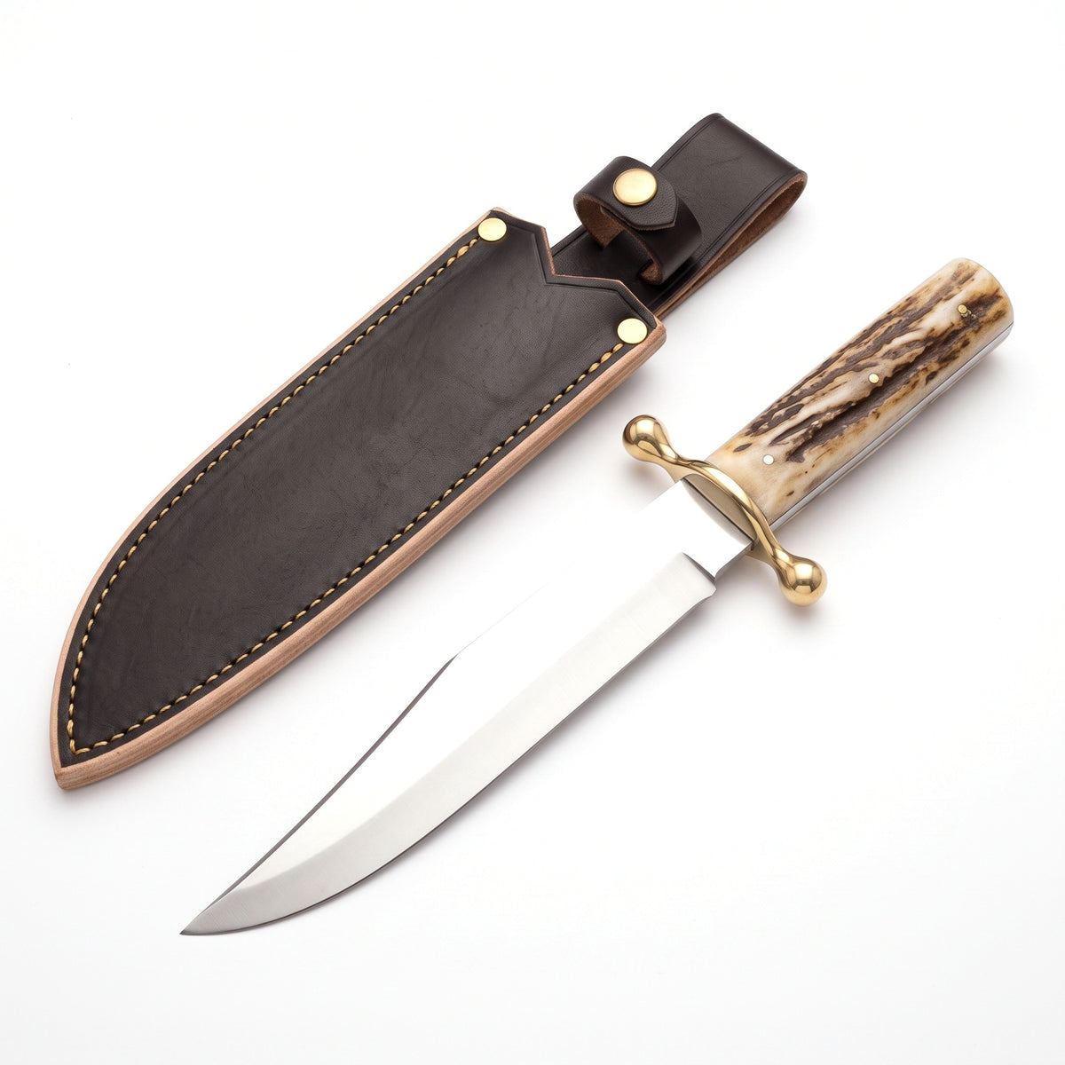 Highline 12" Carbon Steel Bowie Knife | Stag, three-quarter view with the Crownridge sheath