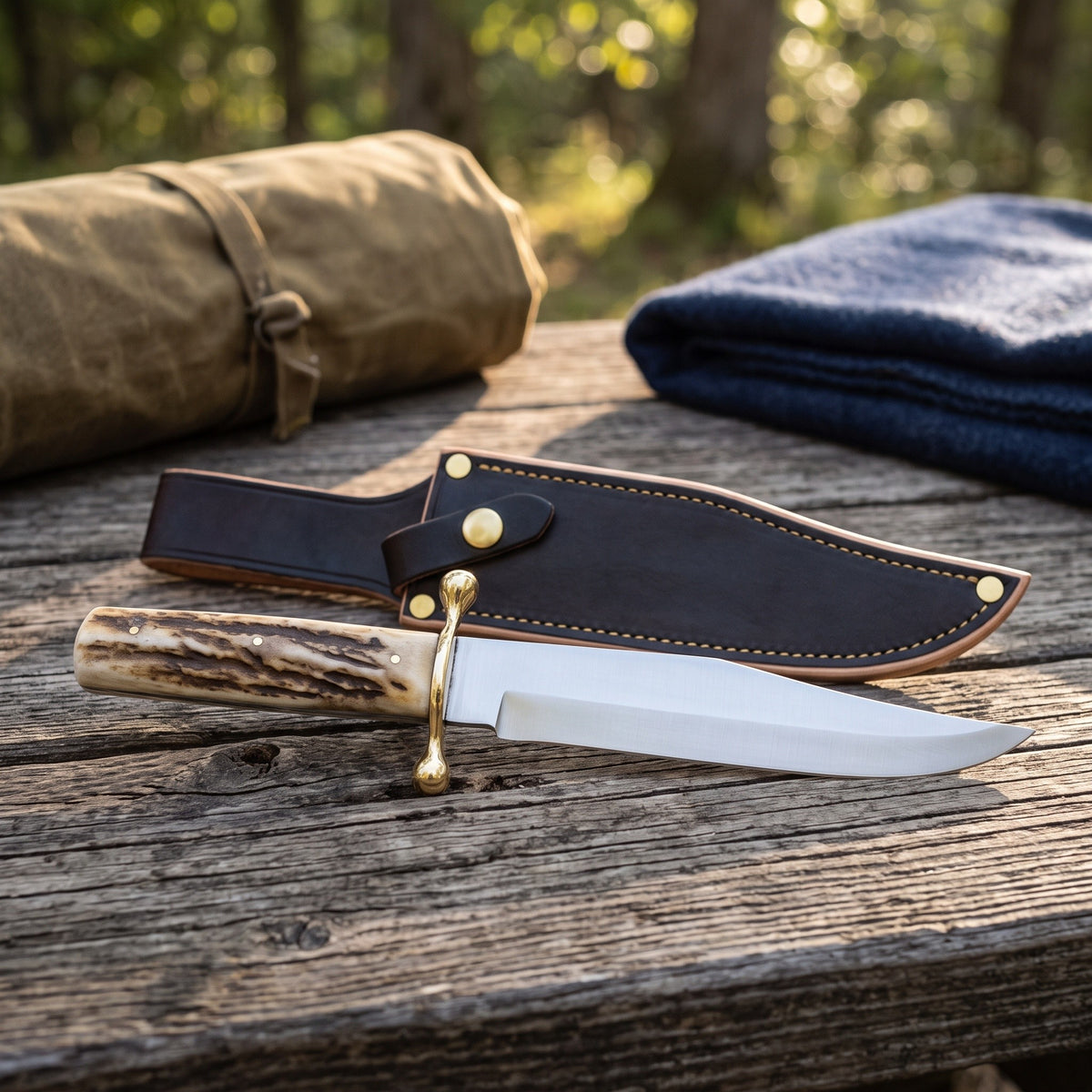 Highline 12" Carbon Steel Bowie Knife | Stag, with the Crownridge sheath in use