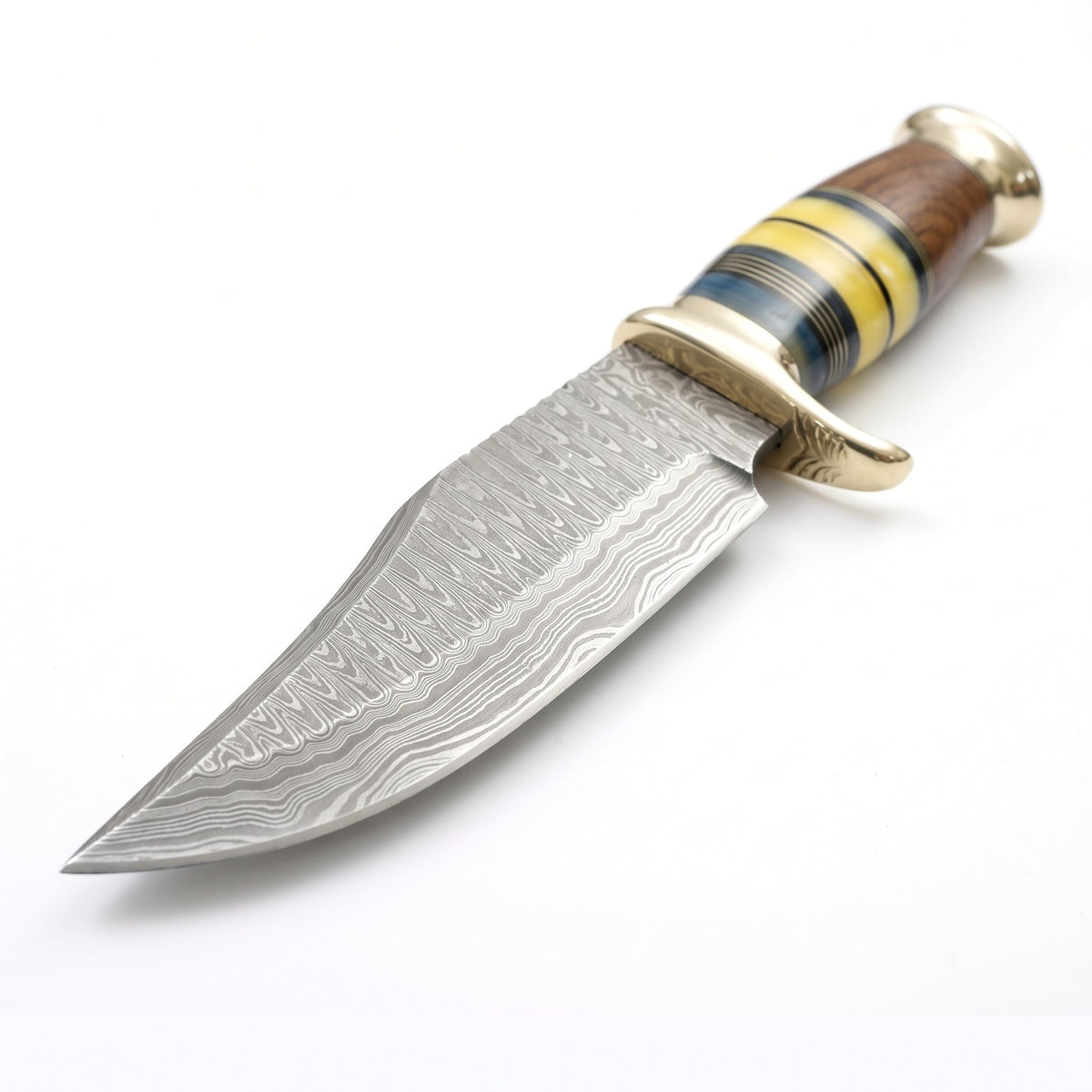 Highline 12" Damascus Bowie Knife | Bone, Damascus blade close-up