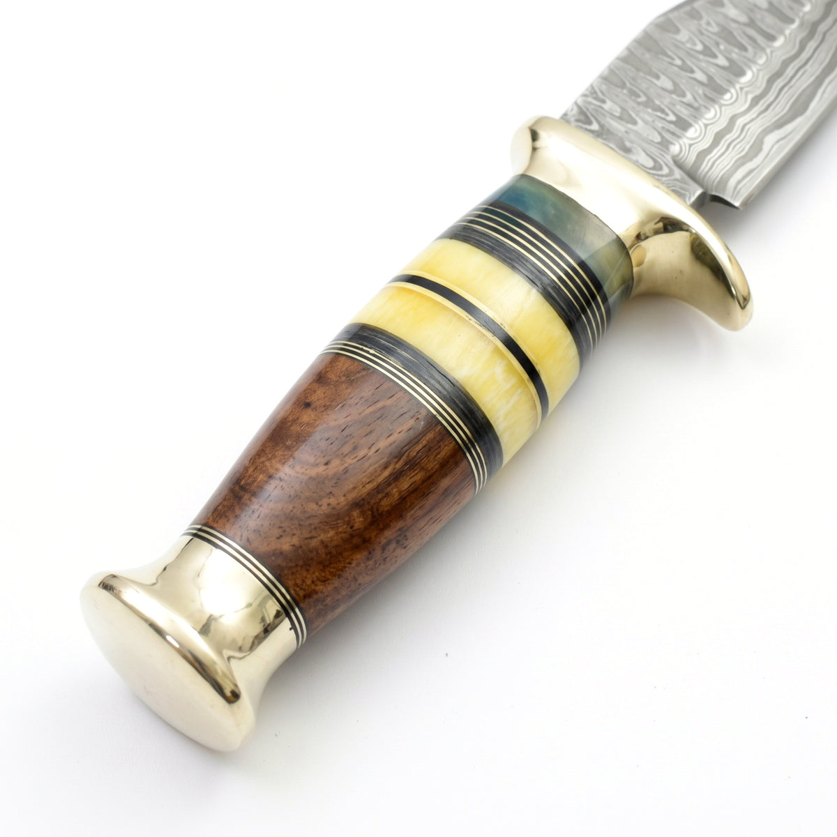 Highline 12" Damascus Bowie Knife | Bone, handle and fittings close-up