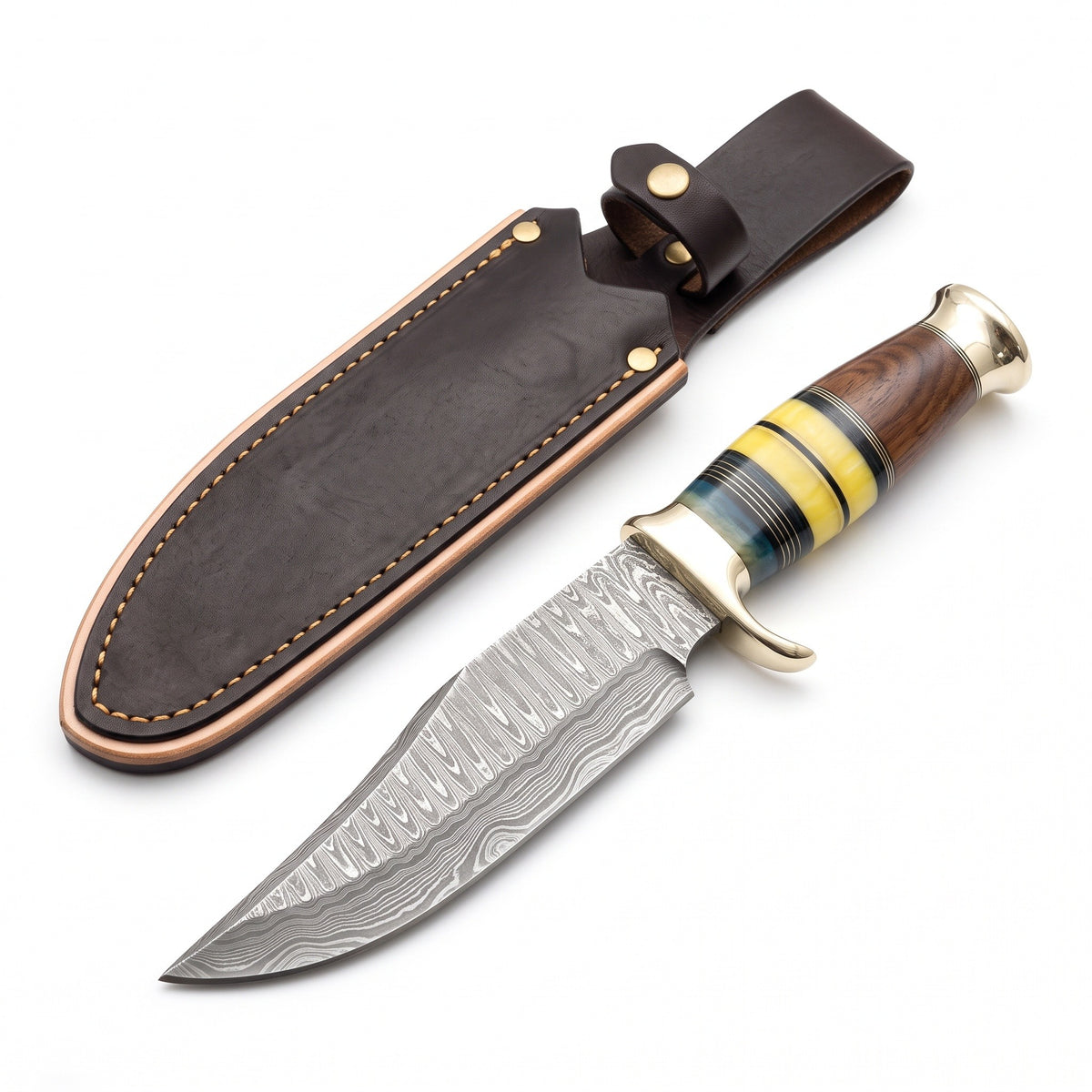 Highline 12" Damascus Bowie Knife | Bone, three-quarter view with the Crownridge sheath
