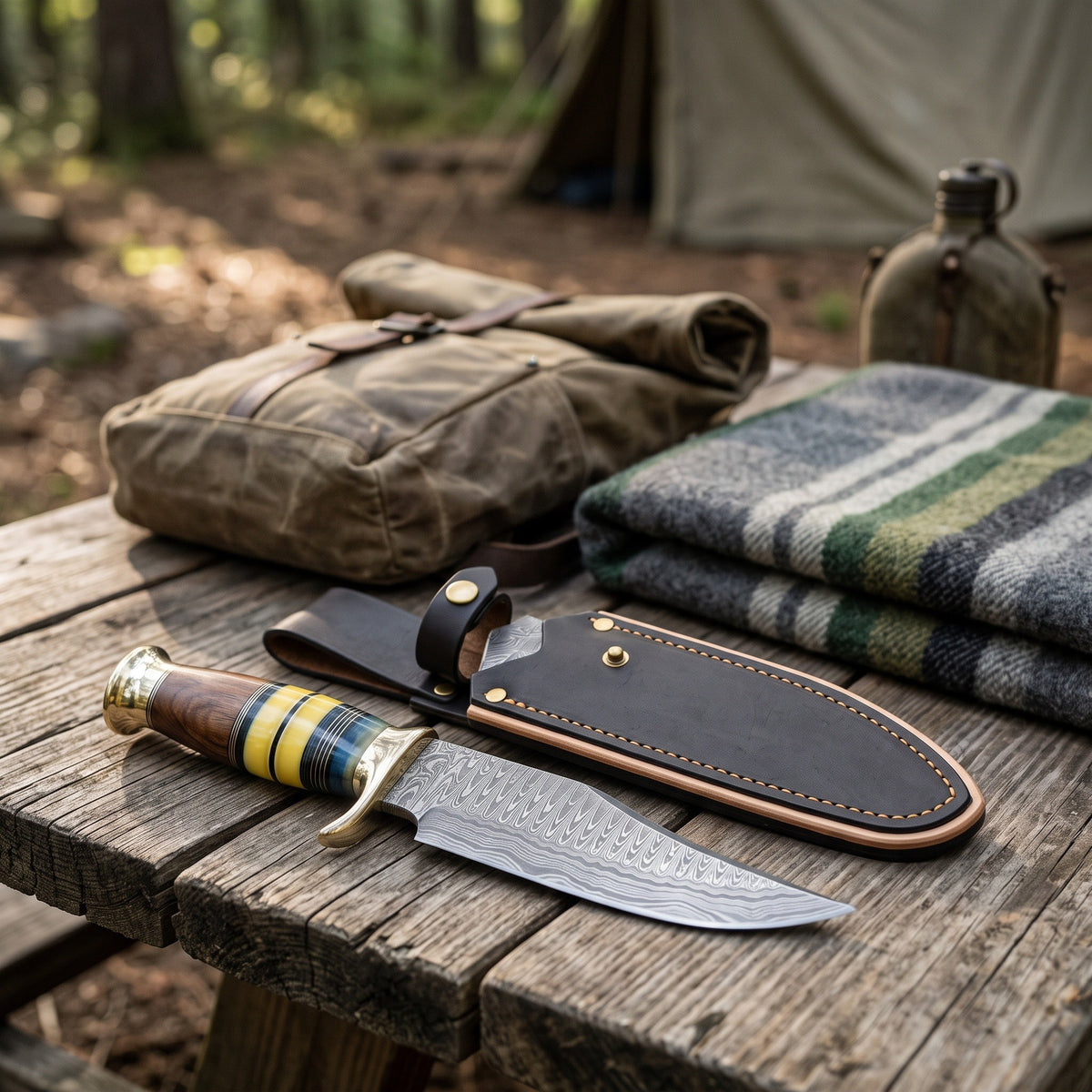 Highline 12" Damascus Bowie Knife | Bone, with the Crownridge sheath in use