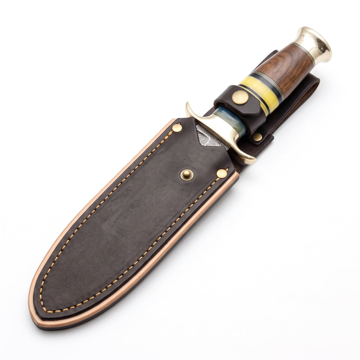 Highline 12" Damascus Bowie Knife | Bone, seated in the Crownridge sheath