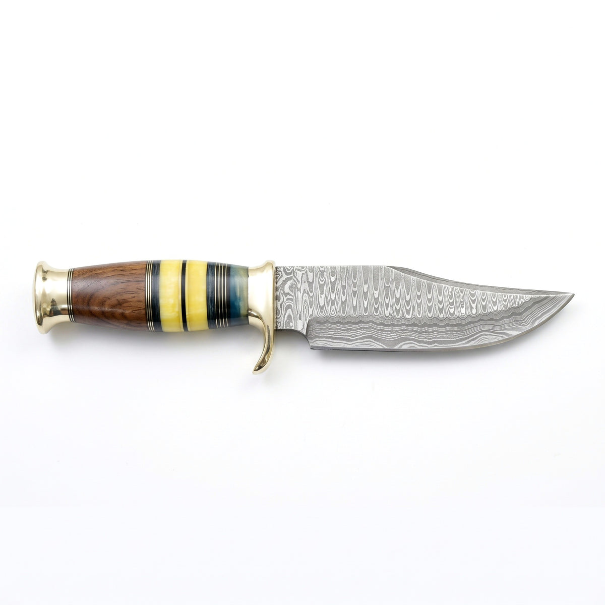 Highline 12" Damascus Bowie Knife | Bone, side profile on white