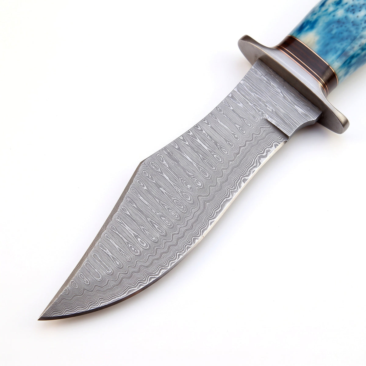 Highline 12" Damascus Bowie Knife | Camel Bone, Damascus blade close-up