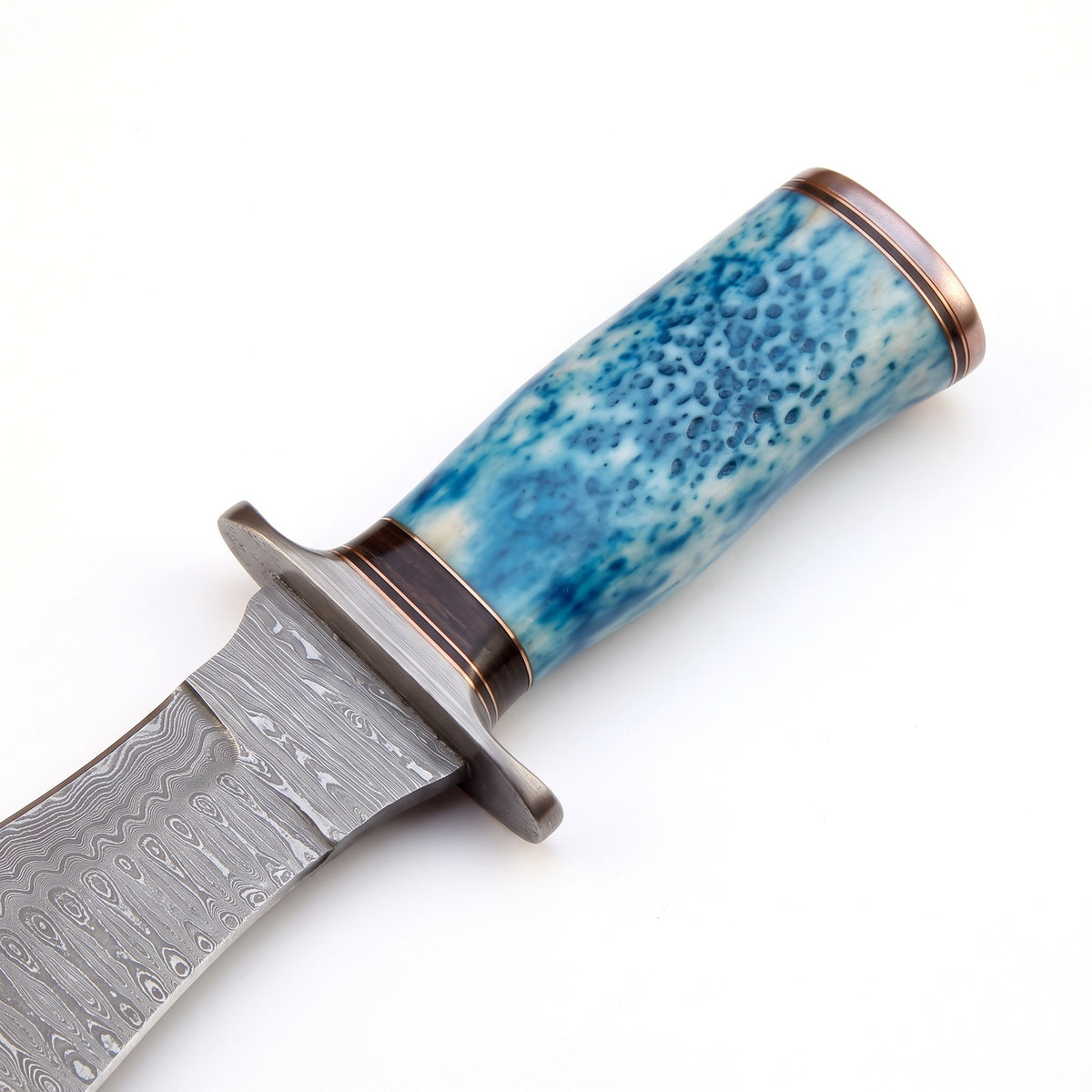 Highline 12" Damascus Bowie Knife | Camel Bone, handle and fittings close-up