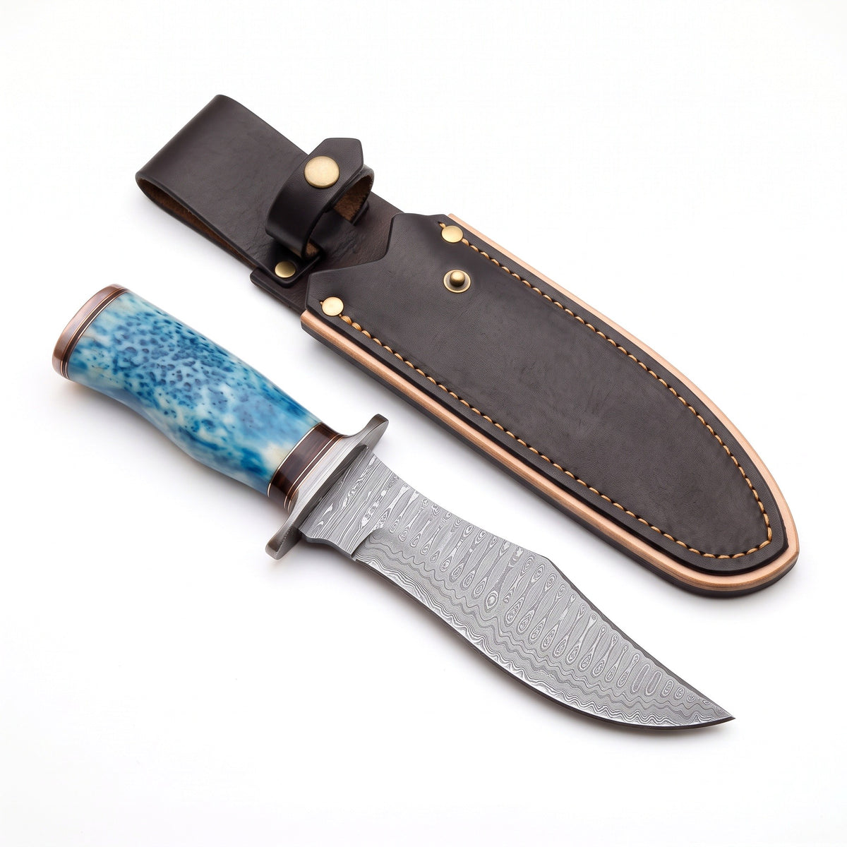 Highline 12" Damascus Bowie Knife | Camel Bone, three-quarter view with the Crownridge sheath