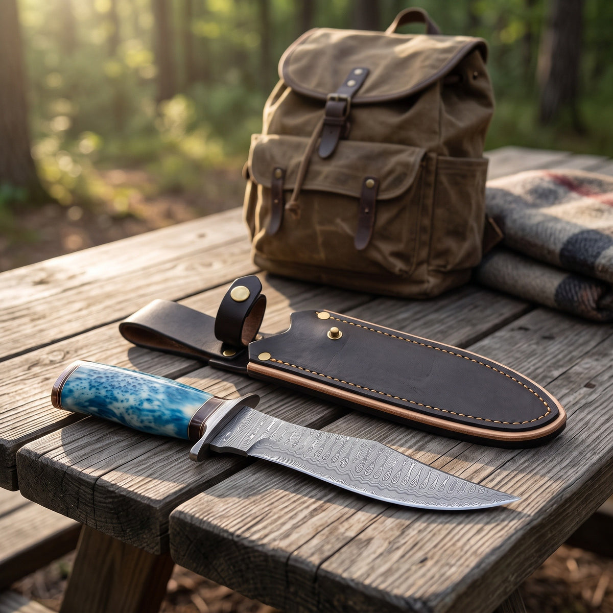 Highline 12" Damascus Bowie Knife | Camel Bone, with the Crownridge sheath in use