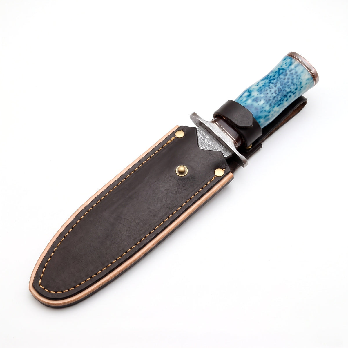 Highline 12" Damascus Bowie Knife | Camel Bone, seated in the Crownridge sheath