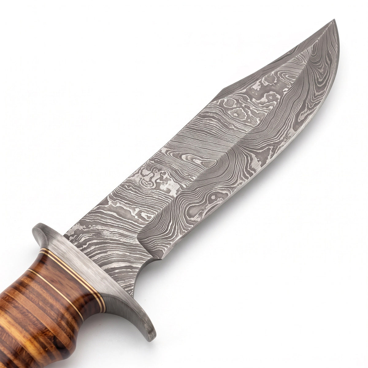 Highline 12" Damascus Bowie Knife | Stacked Leather, Damascus blade close-up
