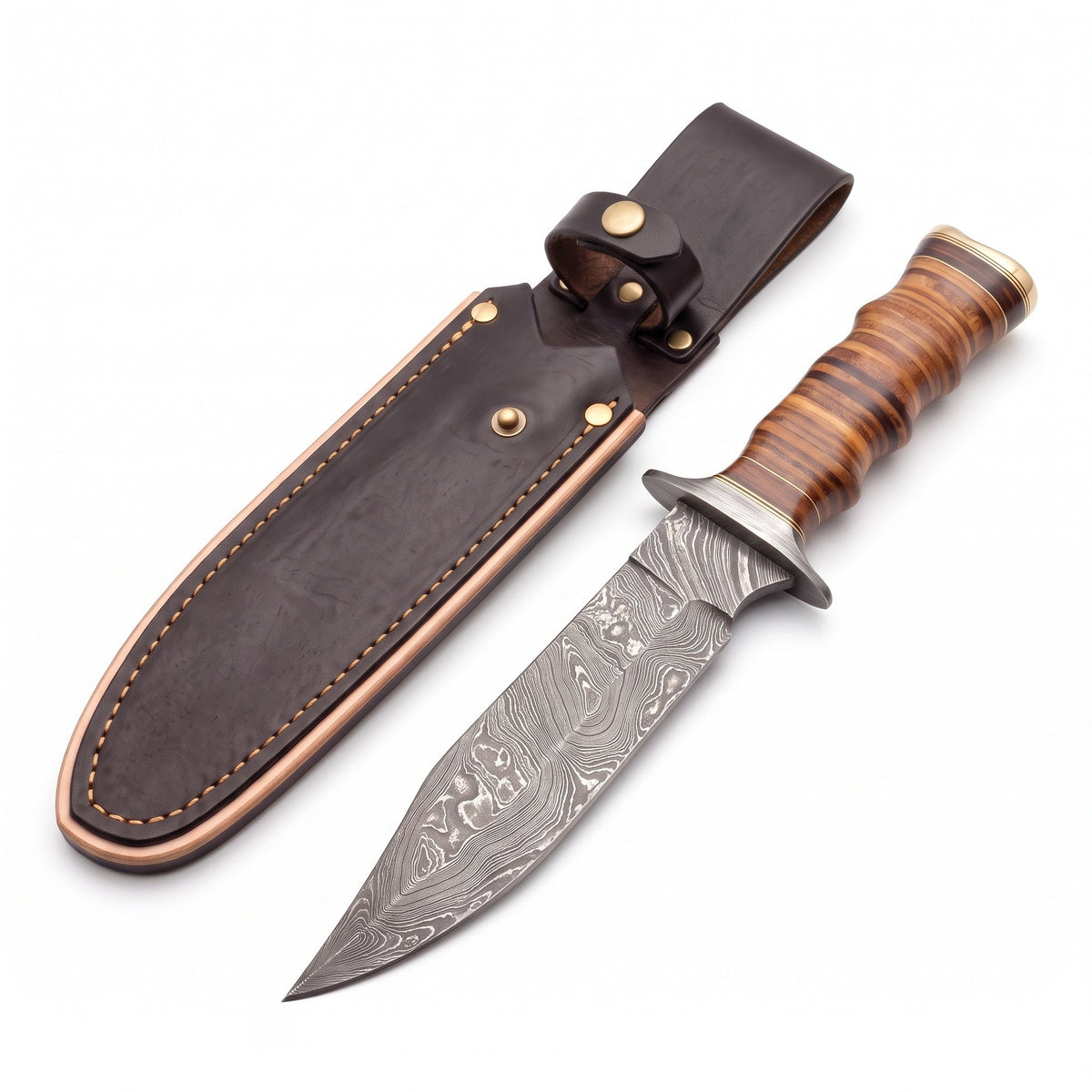 Highline 12" Damascus Bowie Knife | Stacked Leather, three-quarter view with the Crownridge sheath