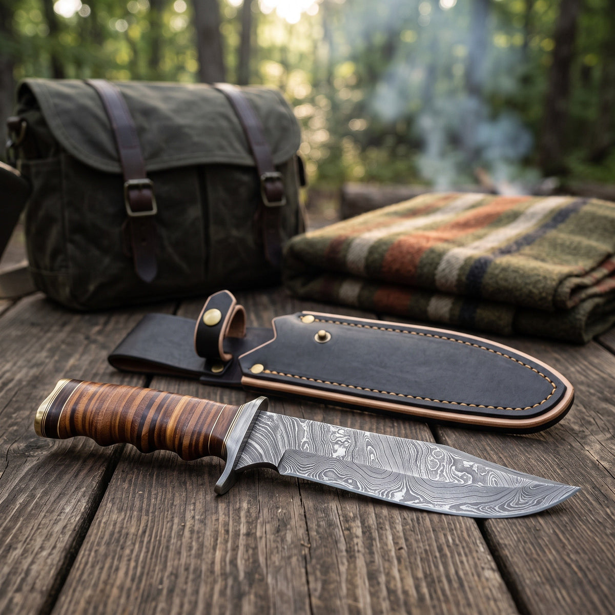 Highline 12" Damascus Bowie Knife | Stacked Leather, with the Crownridge sheath in use