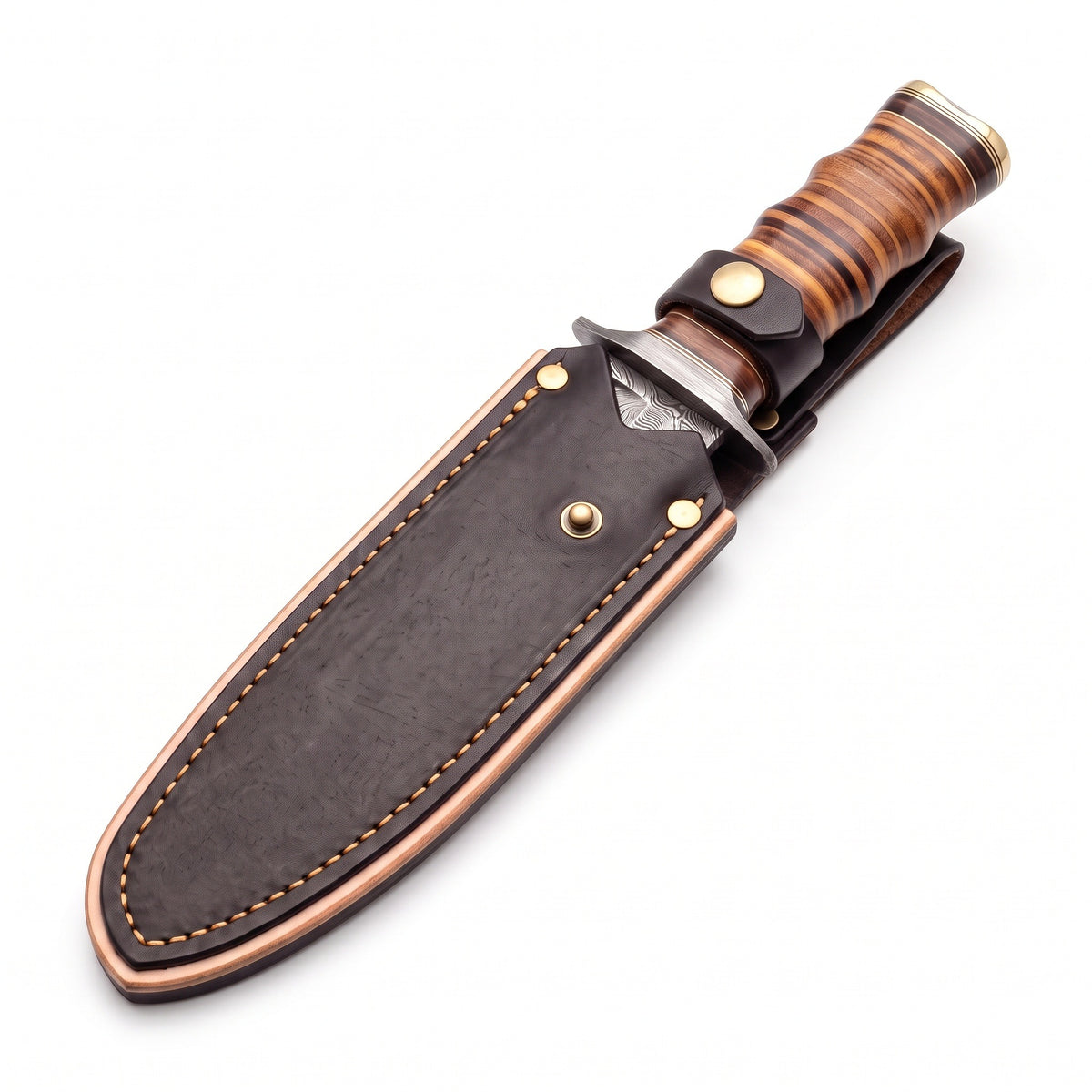 Highline 12" Damascus Bowie Knife | Stacked Leather, seated in the Crownridge sheath