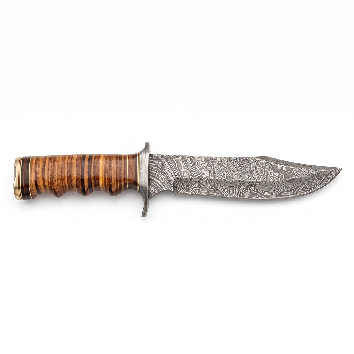 Highline 12" Damascus Bowie Knife | Stacked Leather, side profile on white