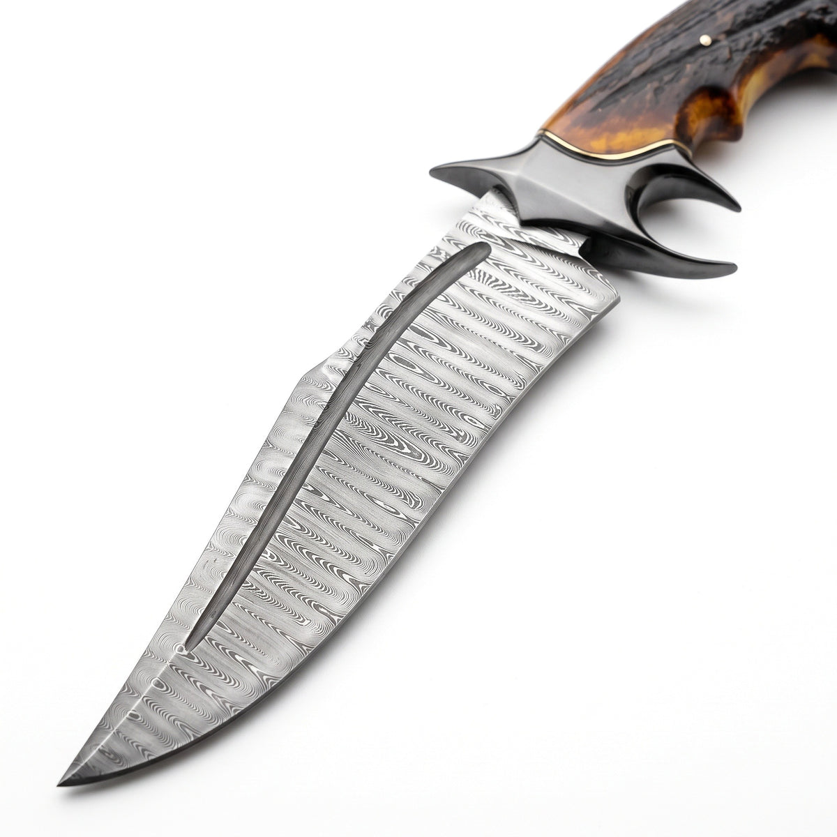 Highline 12" Damascus Bowie Knife | Stag & Amber Resin, Damascus blade close-up