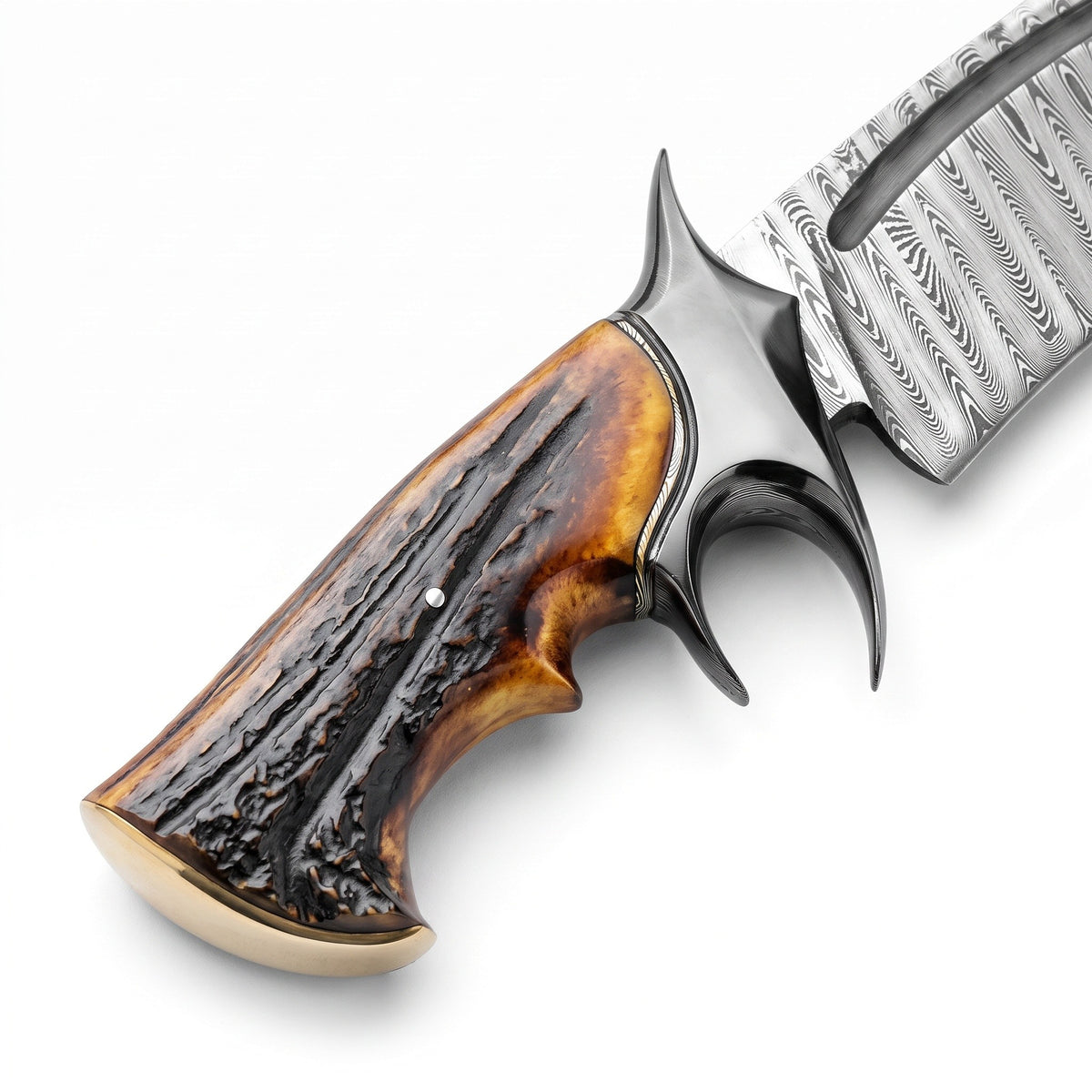 Highline 12" Damascus Bowie Knife | Stag & Amber Resin, handle and fittings close-up