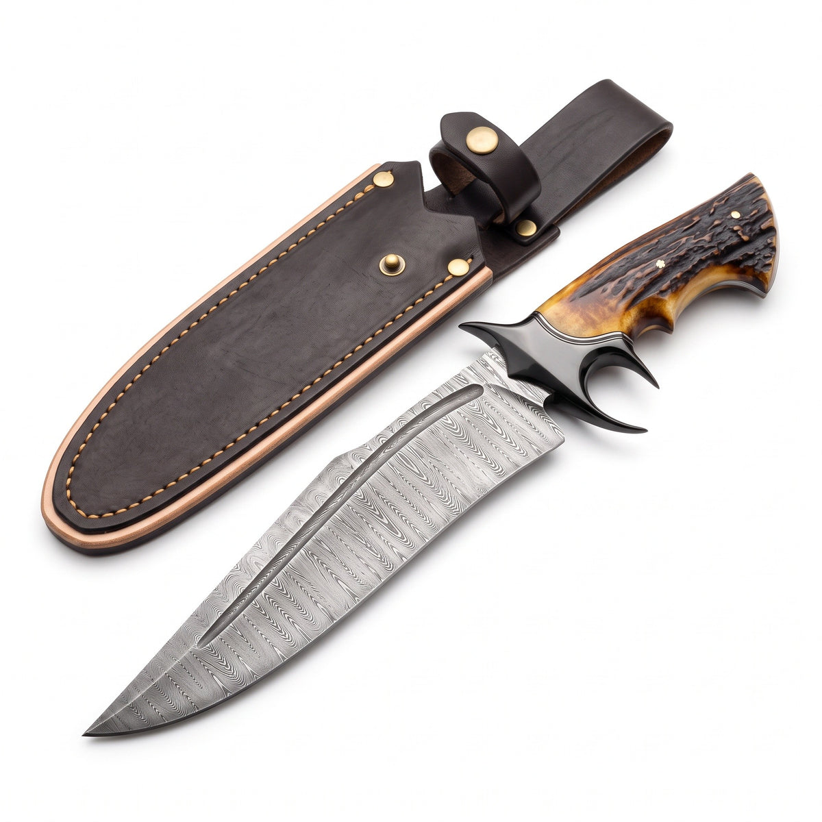 Highline 12" Damascus Bowie Knife | Stag & Amber Resin, three-quarter view with the Crownridge sheath