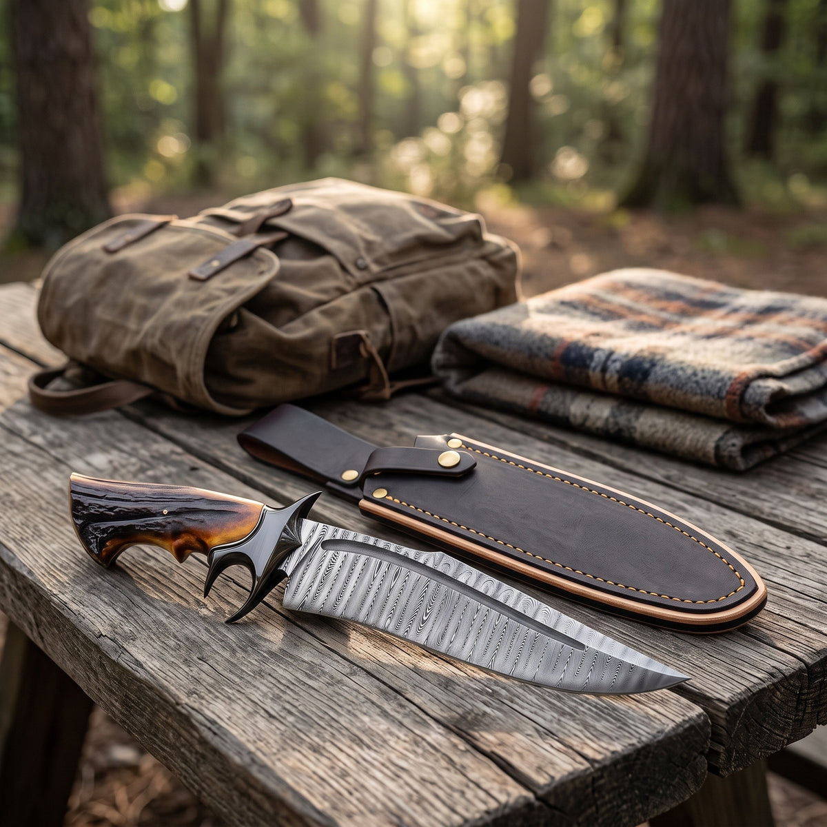 Highline 12" Damascus Bowie Knife | Stag & Amber Resin, with the Crownridge sheath in use
