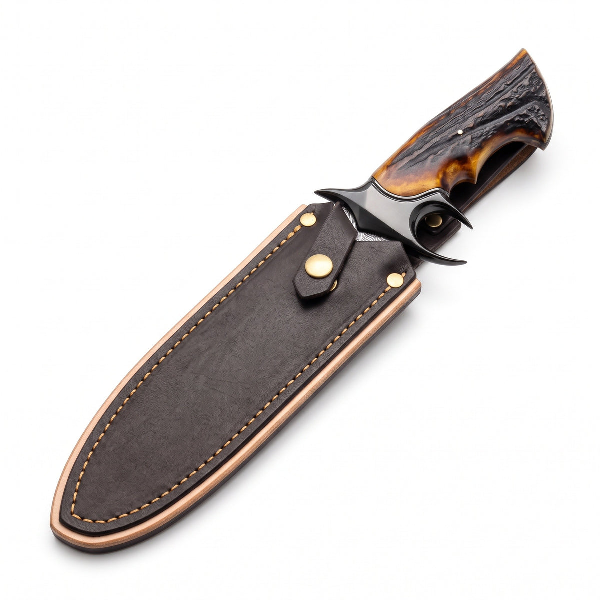 Highline 12" Damascus Bowie Knife | Stag & Amber Resin, seated in the Crownridge sheath