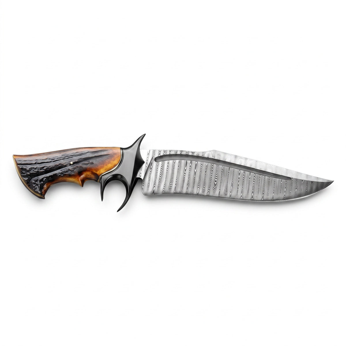 Highline 12" Damascus Bowie Knife | Stag & Amber Resin, side profile on white