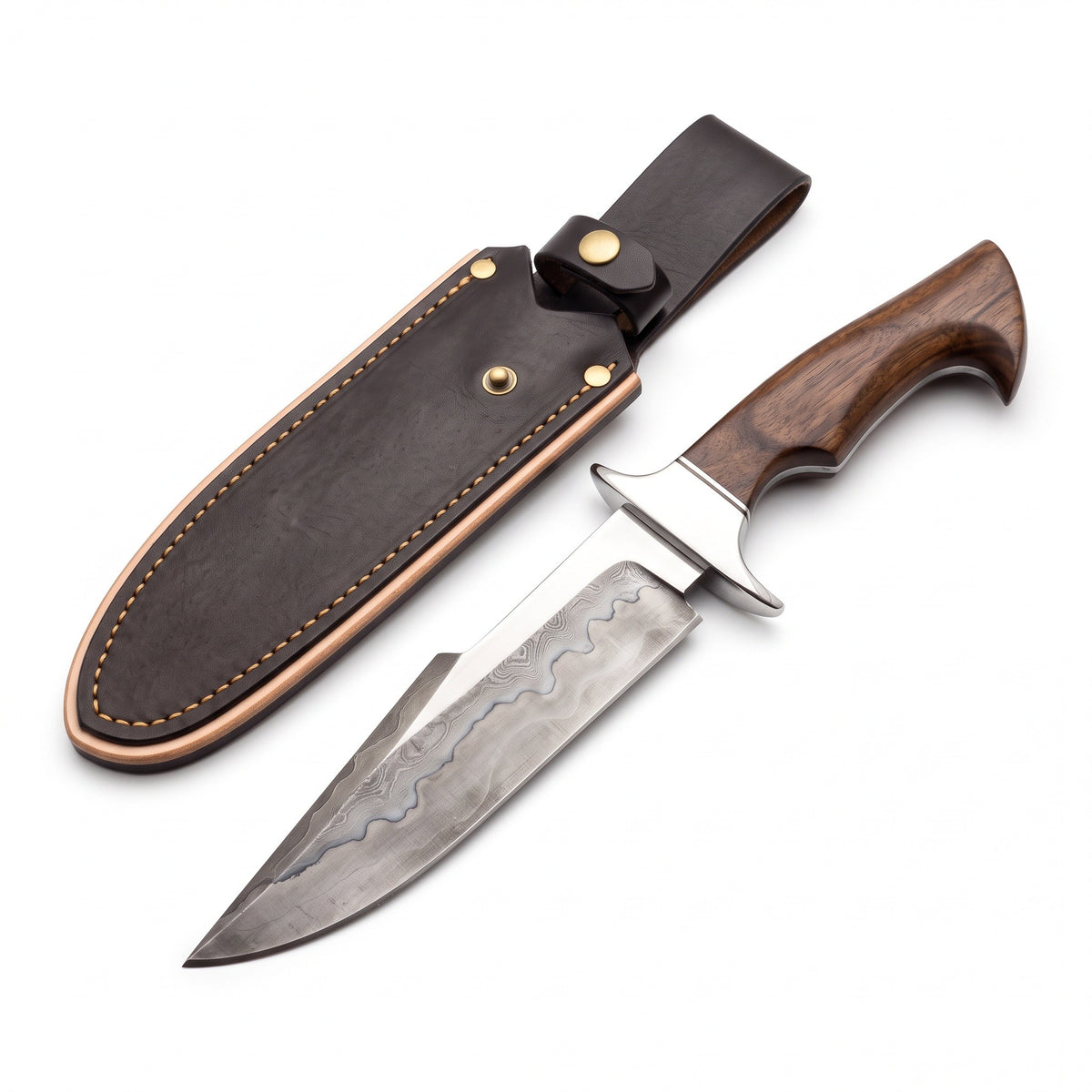 Highline 12" Damascus Bowie Knife | Tali Wood, three-quarter view with the Crownridge sheath