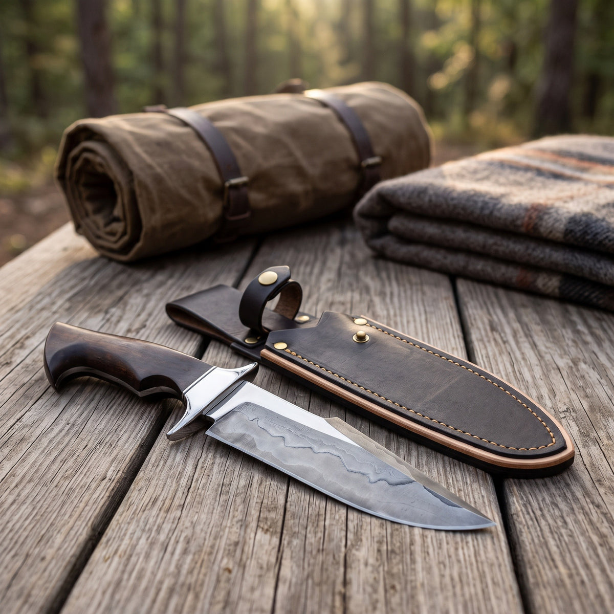 Highline 12" Damascus Bowie Knife | Tali Wood, with the Crownridge sheath in use