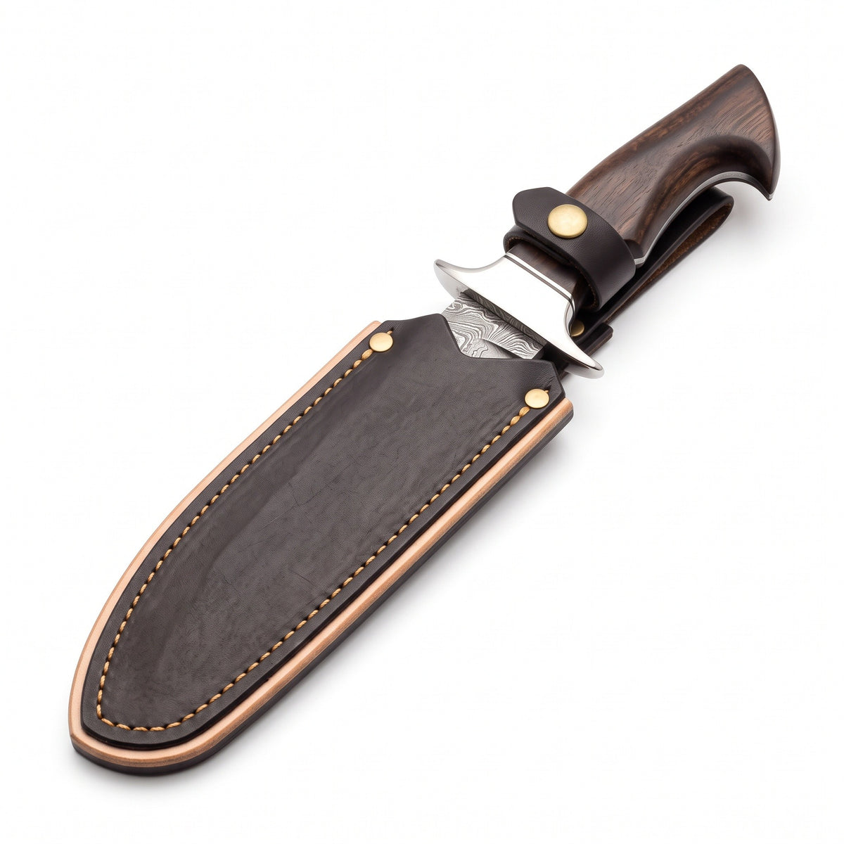 Highline 12" Damascus Bowie Knife | Tali Wood, seated in the Crownridge sheath