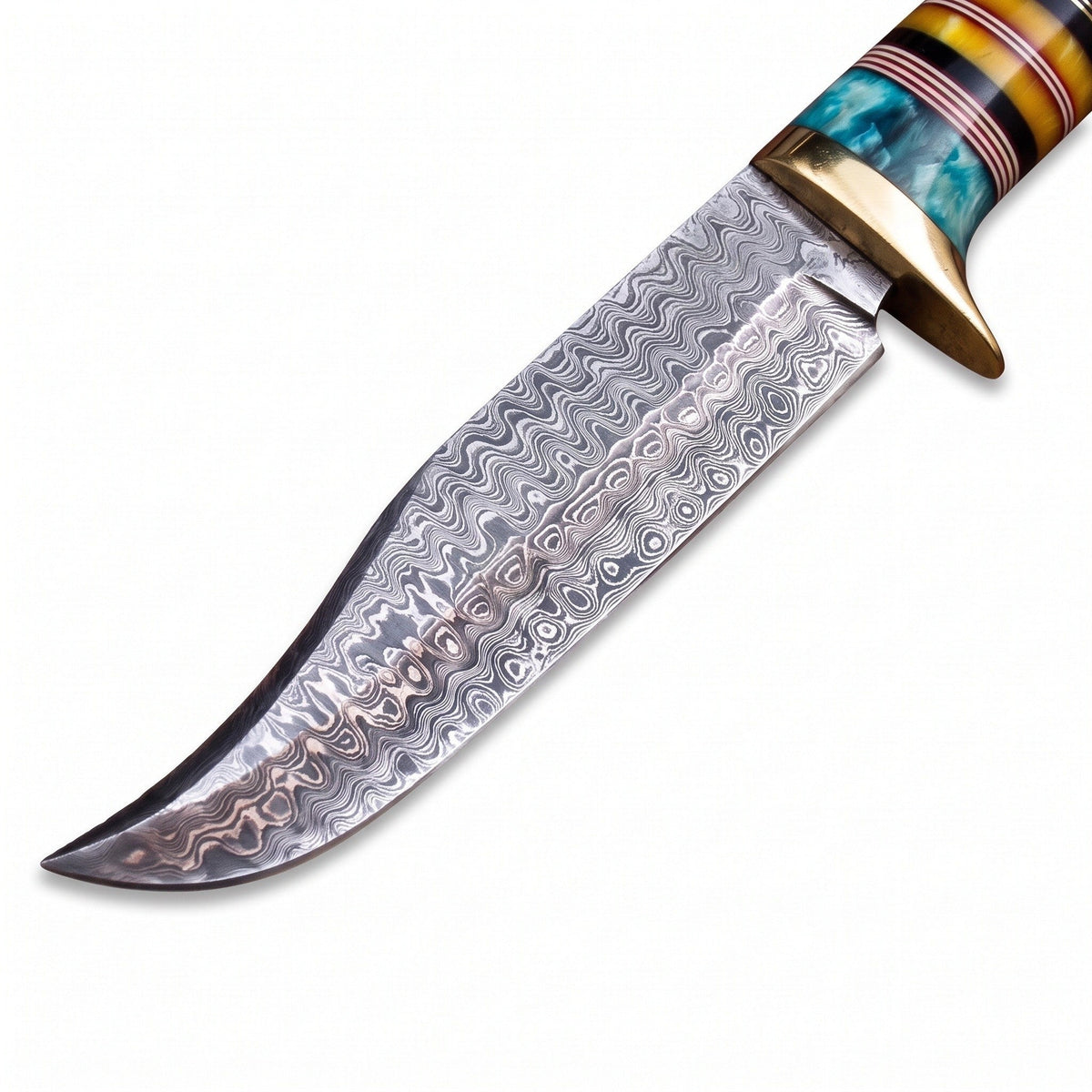 Highline 12" Damascus Bowie Knife | Turquoise & Brass, Damascus blade close-up