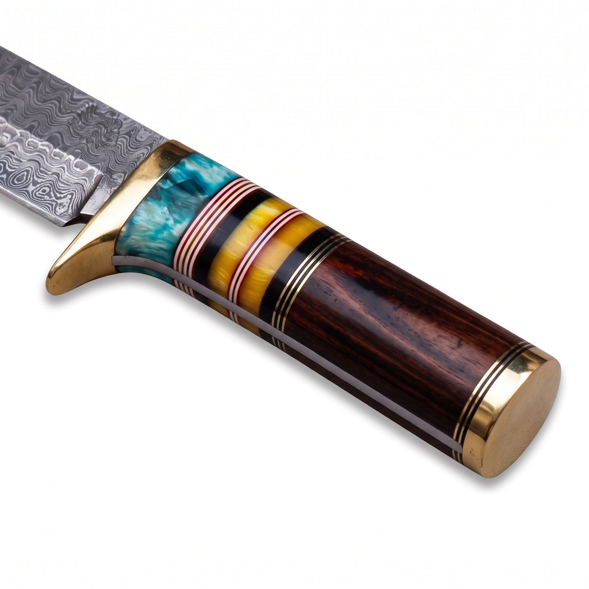 Highline 12" Damascus Bowie Knife | Turquoise & Brass, handle and fittings close-up
