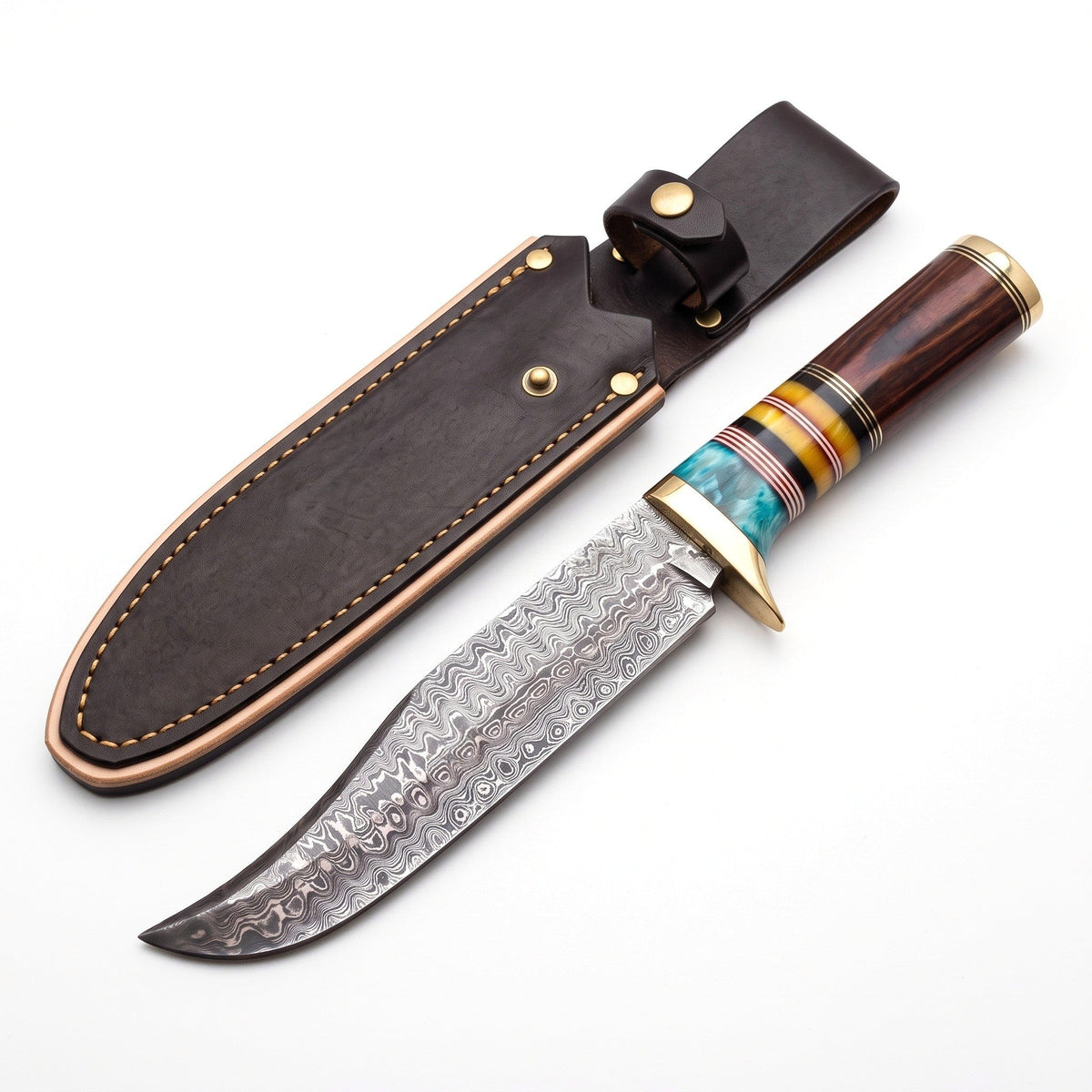 Highline 12" Damascus Bowie Knife | Turquoise & Brass, three-quarter view with the Crownridge sheath