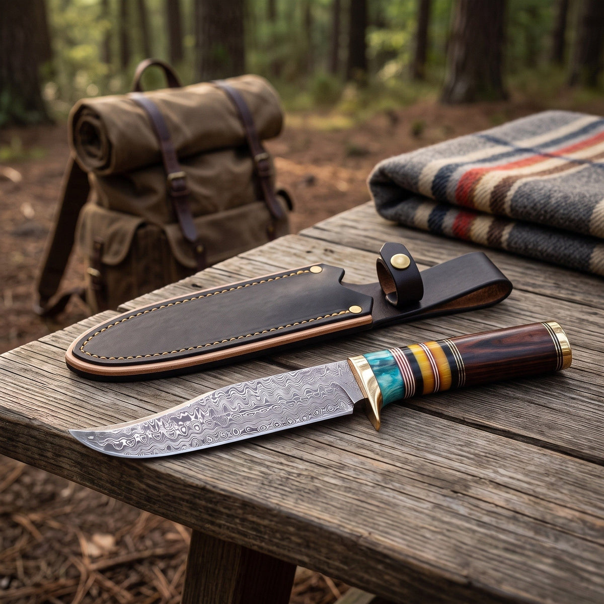 Highline 12" Damascus Bowie Knife | Turquoise & Brass, with the Crownridge sheath in use
