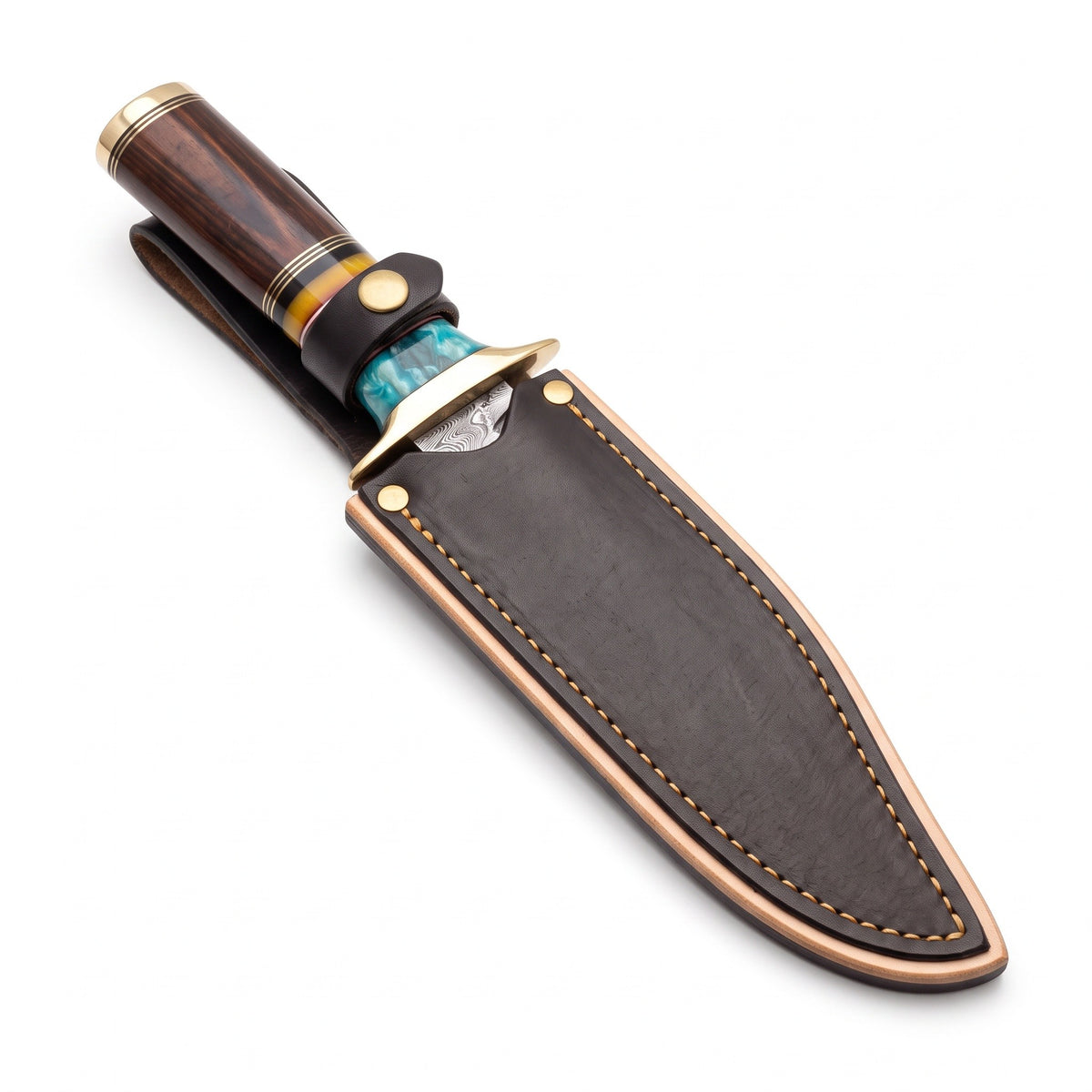 Highline 12" Damascus Bowie Knife | Turquoise & Brass, seated in the Crownridge sheath