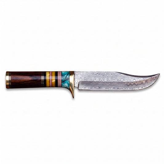 Highline 12" Damascus Bowie Knife | Turquoise & Brass, side profile on white