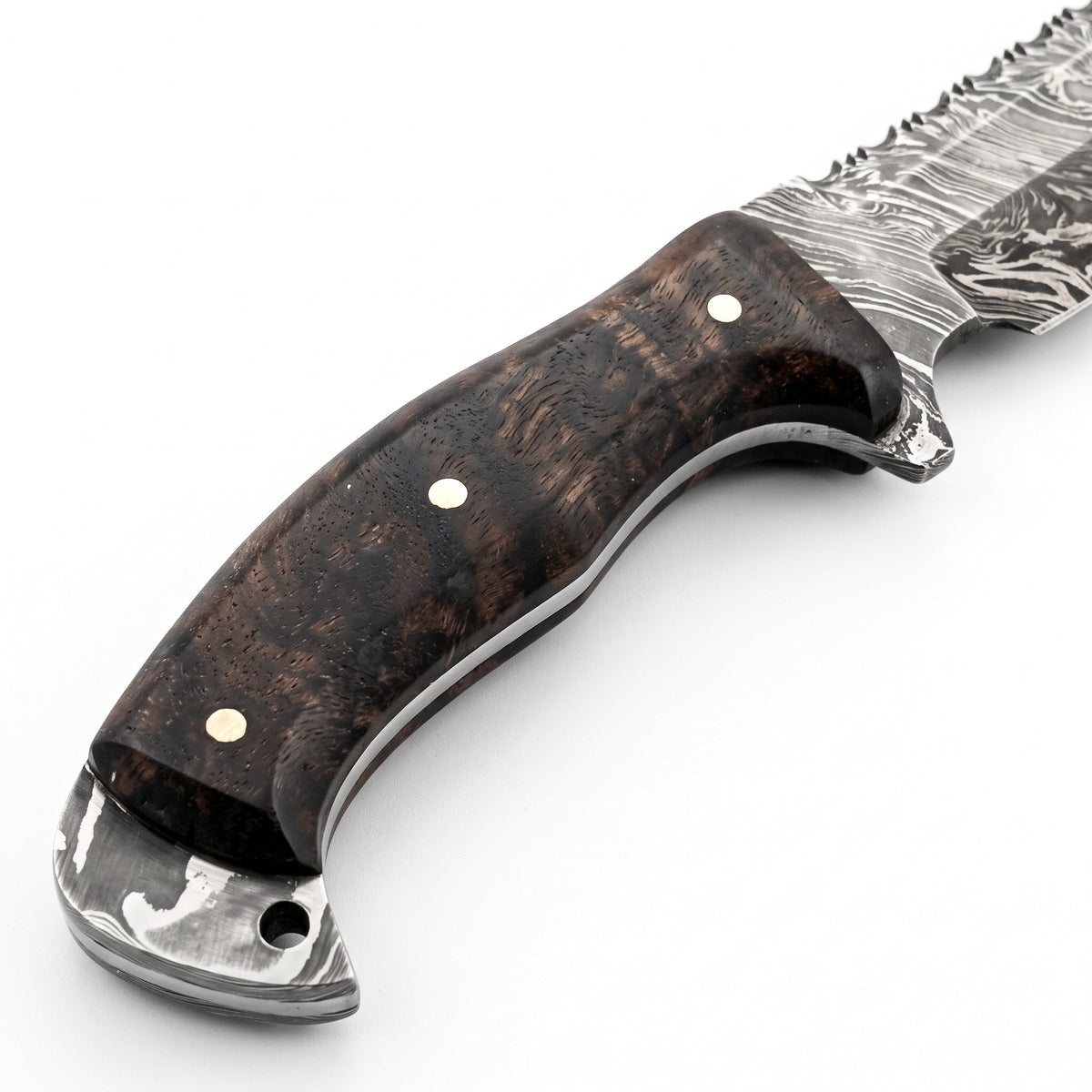 Highline 12" Damascus Bowie Knife | Walnut, handle and fittings close-up