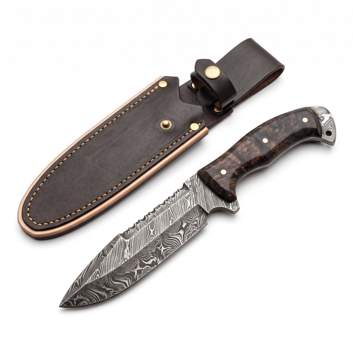 Highline 12" Damascus Bowie Knife | Walnut, three-quarter view with the Crownridge sheath