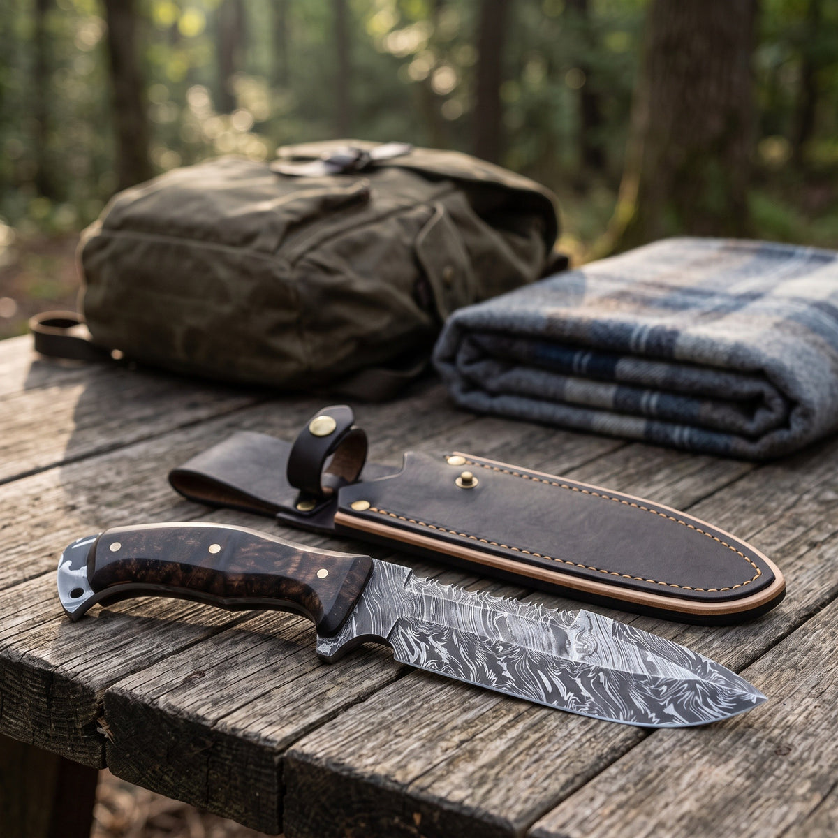Highline 12" Damascus Bowie Knife | Walnut, with the Crownridge sheath in use
