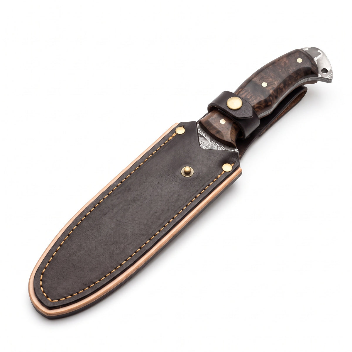 Highline 12" Damascus Bowie Knife | Walnut, seated in the Crownridge sheath